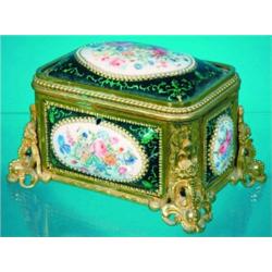 ENAMELED BRONZE JEWELRY CASKET - Floral and foil enameled raised metal panels decorated with seed...