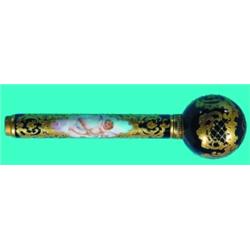 PORCELAIN WALKING STICK HANDLE - Painted porcelain with cherub, cobalt & gilt decoration, unmarke...