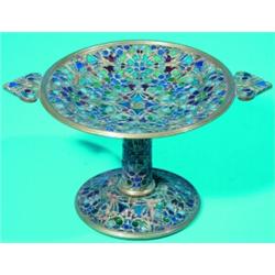 PLIQUE A JOUR COMPOTE - Small footed compote with triangular handles; some minor repair and loss....