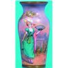 Image 1 : MINIATURE ENAMELED PORTRAIT VASE - Woman with fan, signed Delmet, enamel over metal.  H-4", VG-EX...