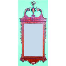 ANTIQUE CHIPPENDALE STYLE MIRROR - Broken arch pediment with urn of flowers finial, gilt gesso de...