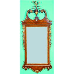 ANTIQUE CHPPENDALE STYLE MIRROR - Broken arch pediment with urn of flowers finial, gilt gesso dec...