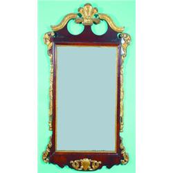ANTIQUE CHIPPENDALE STYLE MIRROR - Mahogany with gilt shell, foliate and drapery decoration; some...