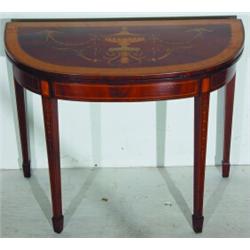 ANTIQUE HEPPLEWHITE CARD TABLE - Mahogany with urn and drapery inlaid top, band inlay and line in...