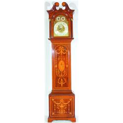 ENGLISH TALL CASE CLOCK - Mahogany and ornately inlaid case, brass and silver face, 8 day movemen...