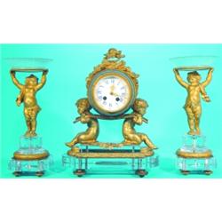 19TH CENTURY FRENCH MANTLE CLOCK AND GARNITURES - 8 Day with strike, clock face is mounted in cry...