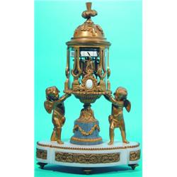 ANNULAR DIAL MANTLE CLOCK - Fire gilt and marble, late 18th Century, replaced glass cylinder.  H-...