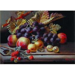 STILL LIFE FRUIT - Oil on board, titled: "Peaches, Gooseberries, Grapes, and Raspberries," signed...