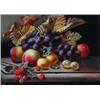 Image 1 : STILL LIFE FRUIT - Oil on board, titled: "Peaches, Gooseberries, Grapes, and Raspberries," signed...