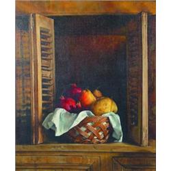 STILL LIFE OF BASKET OF FRUIT IN WINDOW - Oil on canvas, monogram and date illegible, gilt frame....