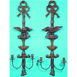 PAIR OF TALL CANDLE SCONCES - Carved pine wood with spread wing eagle, drapery motif.  H-46", VG....