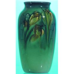ROOKWOOD VASE - Crocus design, sea green line, artist Grace Young; finish crazed, stain or repair...