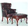 Image 1 : QUEEN ANNE STYLE CHAIR & OTTOMAN - Leather, some arm crazing and cracking.  Chair:  H-38", Stool:...