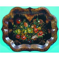 TOLEWARE TRAY - Tin painted, floral decoration with some mother of pearl insets.  L-25", VG.  Est...