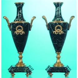 PAIR MARBLE & BRONZE GARNITURES - Black marble with green veining, bronze mounts.  H-12", VG-EX....