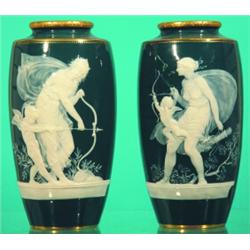 PAIR OF MINTON P-TE-SUR-P-TE VASES - Classical images of cupid and woman shooting arrows on front...