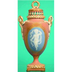 MEISSEN P-TE-SUR-P-TE COVERED URN - Wreath finial, snake handles, image of cherub on front.  H-11...