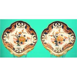 PAIR OF DERBY SCALLOPED SHELL DISHES - Gilt decorated porcelain, exterior of bowl has blue vine d...