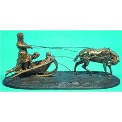 RUSSIAN BRONZE GROUP - 2 men and child in sleigh pulled by horse, fire gilt on patinated oval bas...