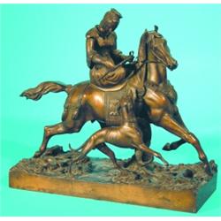 BRONZE EQUESTRIAN GROUP - Lady riding side saddle, accompanied by dog, original patina; dog's leg...