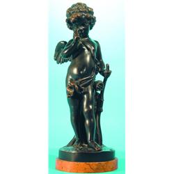 CHERUB BRONZE - Standing at stump with bow and quiver, mounted on round marble base, original pat...