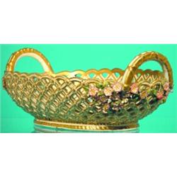 PORCELAIN RETICULATED CENTER BASKET - Gilt decorated basket-form with applied flowers at handles;...