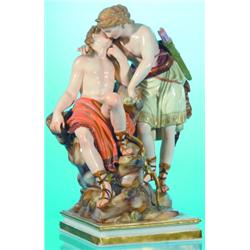 MEISSEN DIANA & APOLLO - Painted porcelain, large group, inscribed "J8," stamped "141;" small chi...