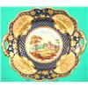 HANDLED DESSERT PLATE - Painted porcelain, central church scene with cobalt rim, decorated with g...