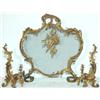 FIRE SCREEN & CHENETS - Cast brass Rococo screen with wire mesh, together with a pair of cast bra...