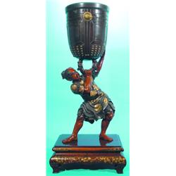 JAPANESE BRONZE SAMURAI PLANTER-2 Piece cast bronze-patinated and gilt, signed, mounted on gold,...