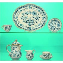 MEISSEN ONION PARTIAL TEA SERVICE - Porcelain, gold accents. No sugar bowl, (1) cup handle repair...