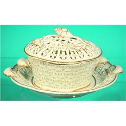 WORCESTER COVERED BOWL & UNDERPLATE - Gilt decorated embossed porcelain bowl with reticulated top...
