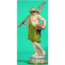 MEISSEN MAN WITH FISH FIGURE - Painted porcelain, embossed fish band on base; repair to pole with...