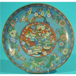 CHINESE CLOISONNE CHARGER -Edge slightly bent-bottom over painted. Dia.-11"" G. Est. 75-125...
