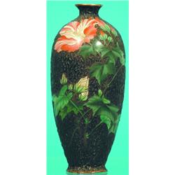 JAPANESE CLOISONNE BUD VASE - Enameled in inset in carved wood, late 19th Century. H- 7 1/2", VG-...