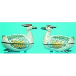 PAIR OF CHINESE CLOISONNE DUCKS - Enameled boxes, blue interior, mid 19th Century. H-7", G-VG. Es...