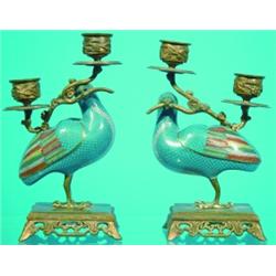 CHINESE CLOISONNE BIRD CANDLESTICKS - Enamel & bronze, 20th Century. H-8", VG-EX.  Est. 50-100...