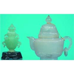 MINIATURE JADE TEAPOT & COVERED URN- Clambroth color teapot, light green urn. H-3 3/4"-4 1/4", VG...