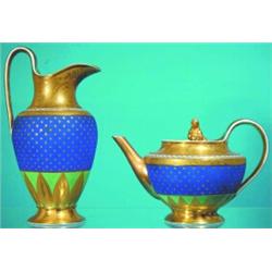 KPM PITCHER & TEAPOT-Painted porcelain, figural finial on teapot, fine Gilt decoration, teapot sp...