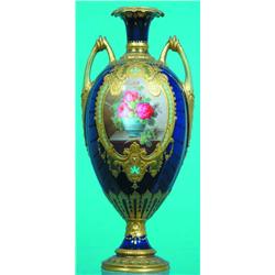 ROYAL CROWN DERBY VASE-Painted porcelain, finely painted floral central panel, richly Gilt paint...