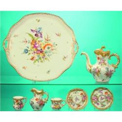 DRESDEN ASSEMBLED PARTIAL TEA SERVICE- Painted porcelain, different dates. No sugar-gold on tray...