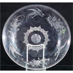 ENGRAVED CUT GLASS TRAY- Storks, butterflies, & foliate trumpet motif 1890-1910, minor scratches....