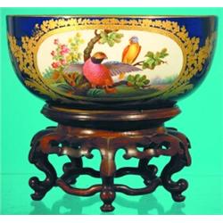 MINTON CENTER BOWL-Cotton house Landhurst 1904-1909, painted porcelain with bird panels on wood b...