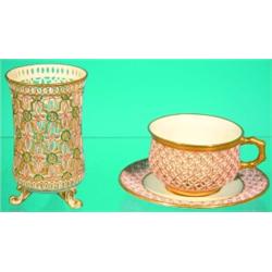 LOT 2 CROWN DERBY ITEMS-Painted porcelain both reticulated-(1) cup and saucer.  H-2 3/4", EX.  (1...