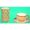 Image 1 : LOT 2 CROWN DERBY ITEMS-Painted porcelain both reticulated-(1) cup and saucer.  H-2 3/4", EX.  (1...