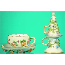 LOT 2 MEISSEN PORCELAIN PIECES - Both painted porcelain with applied flowers and decoration, (1)...
