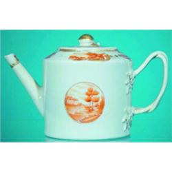 CHINESE EXPORT DRUM TEAPOT-Sepia decoration, twist handle, 1790-1810; several hairlines, gold wor...