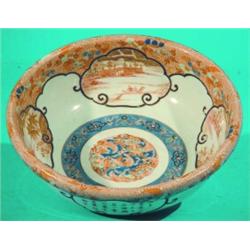 JAPANESE IMARI BOWL-Painted porcelain, 4 calligraphy outer panels, 4 scenic inner panels, 1st qua...