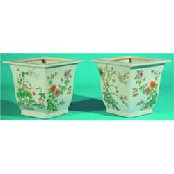 PAIR OF CHINESE FAMILLE ROSE PLANTERS - Painted porcelain, floral scenes, late 19th Century. H- 7...