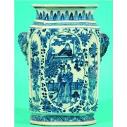 CHINESE BLUE & WHITE VASE -painted porcelain, elephant handles, inset panels, mid 19th Century. H...